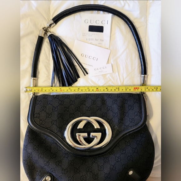 🖤 GUCCI | Vintage Denim Monogram Britt Interlocking GG Tassel Shoulder Bag - Picture 10 of 13